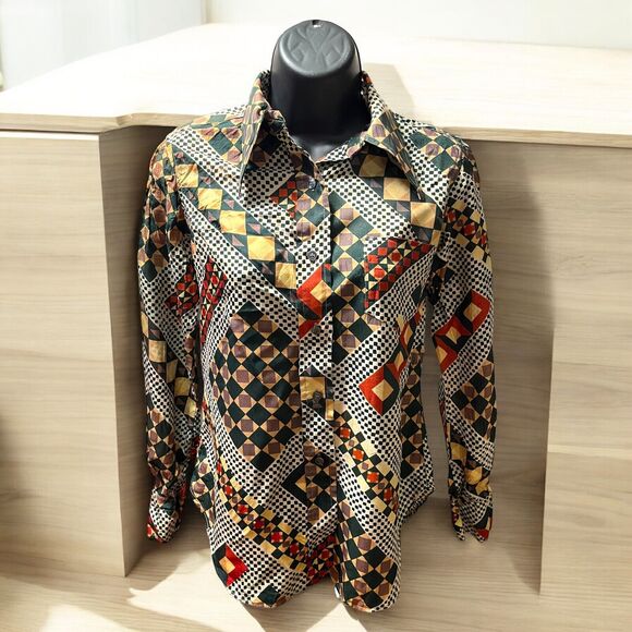 Vtg Nan Herzlinger Geometric Print Blouse 1960s Sz 10 Retro Funky Albert Lewis - Picture 1 of 6